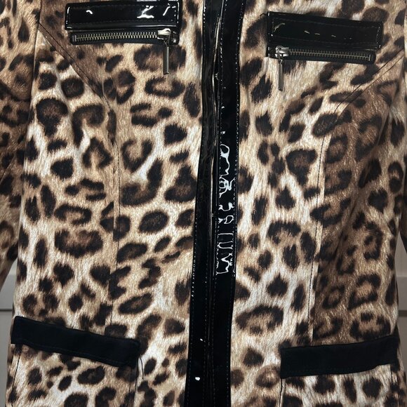 Chico's Leopard Print Jacket Faux Patent Leather Trim Animal Print Coat Small - Picture 5 of 9